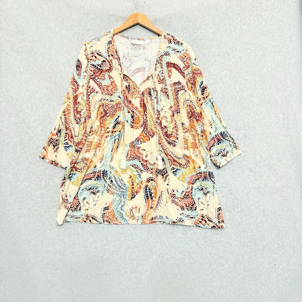 Belle Boho by Kim Gravel Tunic Size XL‎ Paisley Pintuck Tassel Top Cream Knit